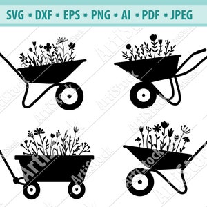 花柄手押し車 SVG、花カート SVG、花 SVG、手押し車プランター SVG、花 SVG、ガーデニング SVG、庭のクリップアート、春 Png、Eps