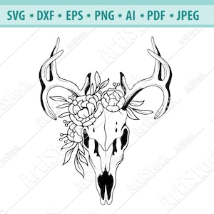 Dieren schedel met bloemen SVG, Herten Skull SVG, Flower Skull svg, Boho Skull svg bestand, Floral Deer Svg, Animal Skull cut bestand, Eps, Dxf, Png