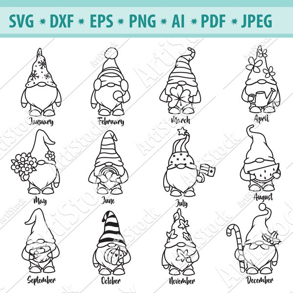 Gnome calendar Svg, Cute Garden Gnome SVG, Nordic Gnome Svg, Gnome Clipart, Autumn gnome svg, Winter Gnomes Svg, Silhouette, dxf, eps, png