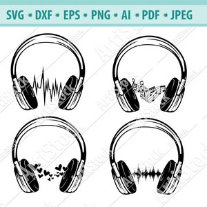 Kopfhörer Svg, Musik Svg, Kopfhörer Clipart, Kopfhörer Musik Notizen Svg, Musik Sound Wave SVG, Kopfhörer mit Herz Svg, Silhouette, DXF