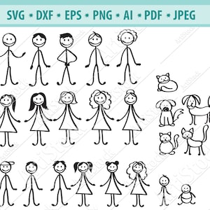 Cole o pacote SVG da família, cole os arquivos de corte da família, cole o clipart da família, corte os arquivos para a silhueta cricut, png, dxf, eps. Figuras de palito, vetor