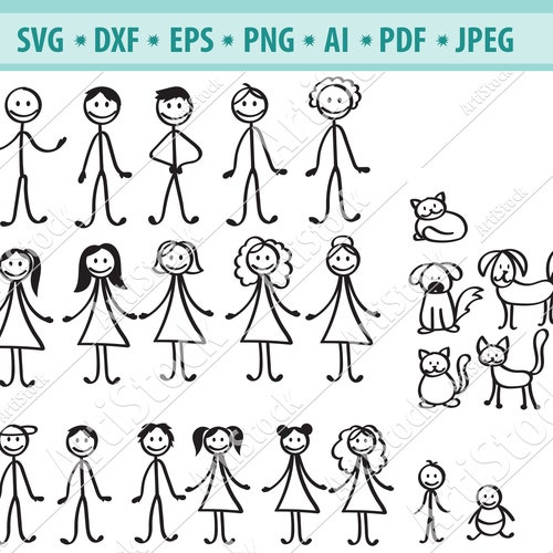 stick family of 5 clipart cutout