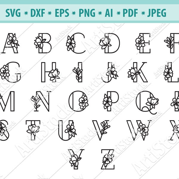 Alphabet floral SVG, Alphabet à base de plantes svg, Alphabet botanique svg, Police de mariage svg, Lettres florales svg, Alphabet des fleurs svg, Vecteurs, Eps