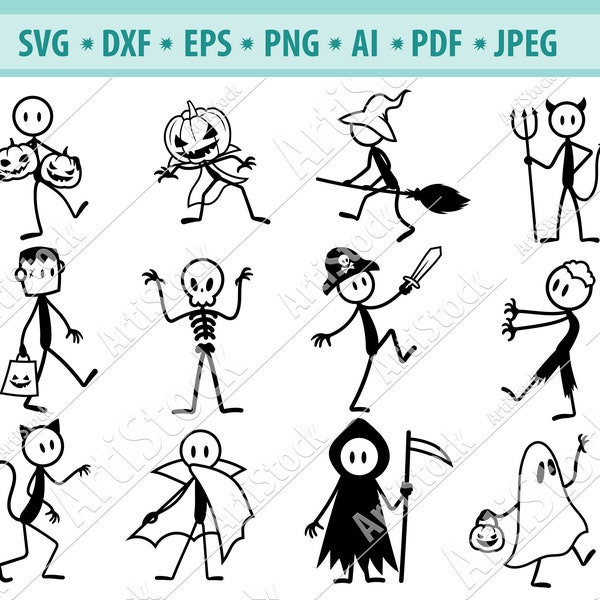 Halloween stick figures Svg, Stick Figure Monsters Svg, Stick ghost Svg, Vampire Svg, Monsters icon Svg, Skeleton Svg, Silhouette, Eps, Dxf