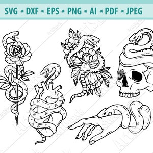 Floral Snake Svg, Snake Skull Svg, Cobra com coração SVG, Arquivo de corte de cobra, Réptil Svg, Clipart de cobra, Cobra no crânio Svg, arquivo svg de tatuagem,