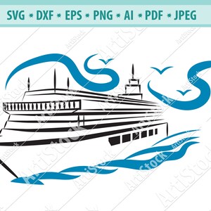 Puede incluir: Una ilustración en blanco y negro de un crucero navegando en aguas azules con olas blancas. El barco tiene varias cubiertas y ventanas. Hay tres pájaros volando sobre el barco.