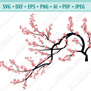 Rama del árbol con flores, flores de cerezo SVG, Sakura cricut, flores rosas, Japón svg, primavera flor de cerezo y rama SVG archivo de corte, clipart