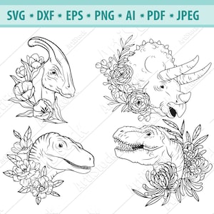 Floraler Dinosaurier Kopf Svg, Dinosaurier Portrait Svg, Blume Dinosaurier Svg, Silhouettes, Uraltes Skelett Svg, Dinosaurier Clipart, Eps, Png, Dxf