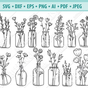 Flowers Svg file, Mason Jar Svg file, Floral Arrangement Svg, Flower cut file, Flowers in jars Svg, Mason Jar Clipart, Vector, Eps, Dxf, Png