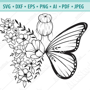 Florale Frau SVG, Mädchen Schmetterling Feen svg, Schmetterling Blume Svg, Blumen Schmetterling Svg, Frau Blume Schmetterling Flügel Svg, Cricut, Eps, Dxf