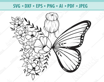 Floral Woman SVG, Girl butterfly fairy svg, Butterfly flower svg, Floral butterfly Svg, Woman flower butterfly wings Svg, Cricut, Eps, Dxf