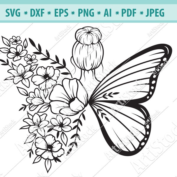 Floral Woman SVG, Girl butterfly fairy svg, Butterfly flower svg, Floral butterfly Svg, Woman flower butterfly wings Svg, Cricut, Eps, Dxf