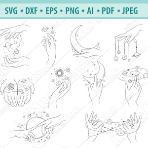 Planets Svg Bundle, Hand with planets Svg, Moon svg, Stars Svg, Hand in space Svg, File for Cricut , Cosmos clipart, Svg, Dxf, Eps, Png