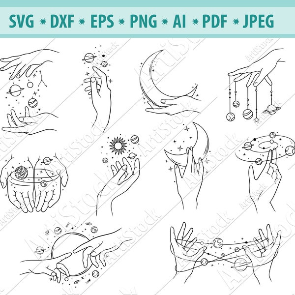 Planeten Svg Bundle, Hand mit Planeten Svg, Mond Svg, Sterne Svg, Hand im Raum Svg, Datei für Cricut, Cosmos Clipart, Svg, Dxf, Eps, Png