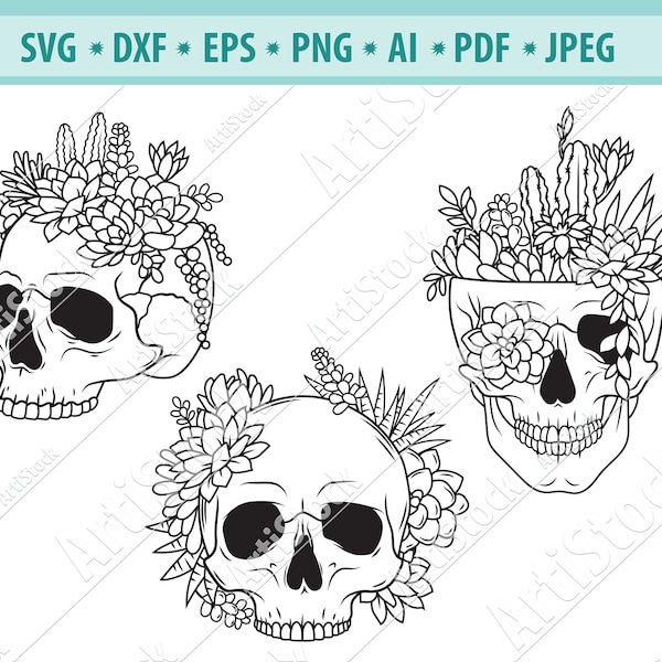 Skull with succulents SVG, Skull Cactus Planter SVG file, Halloween Succulent Svg, Halloween Cactus cut file, Skull Succulent Svg, Png, Eps