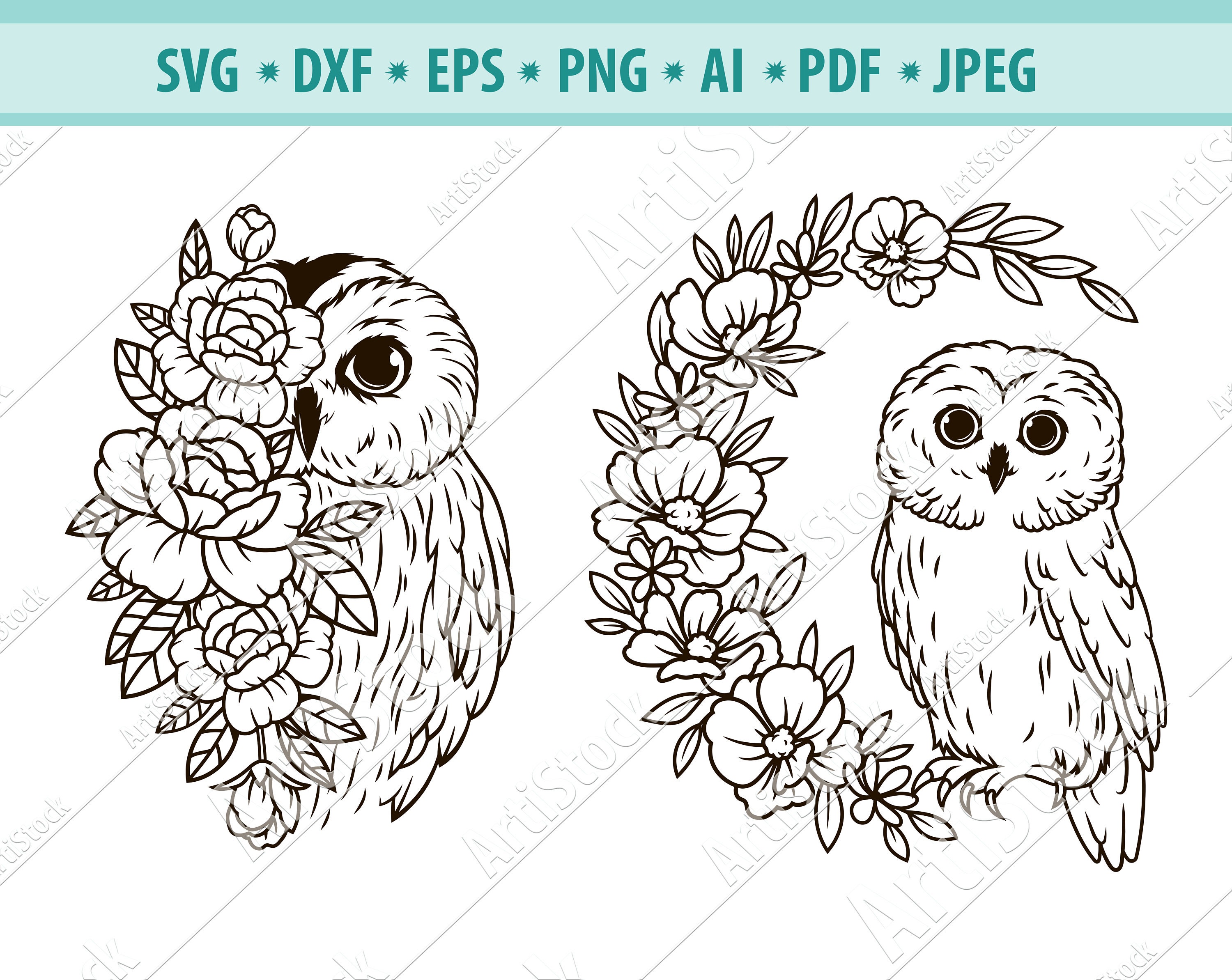 Owl SVG File Owl With Flower SVG Owl Cut File Night Birds Etsy