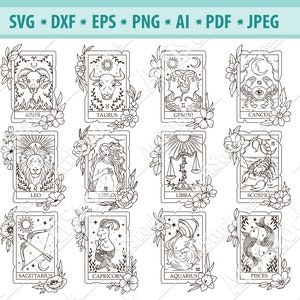 Zodiac Cards Svg, Celestial svg, Mystical clipart, Sterrenbeeld Svg, Sterrenbeeld dierenriem Svg, Tarotkaarten Svg, Witchy Svg, Vector, Eps, Dxf