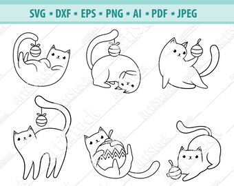 Christmas cats Svg, Funny playful cats Svg, Kitten with xmas toys svg, Cat Cut files, Meowy Christmas Svg, Holiday Kitten Svg, Vector, Eps