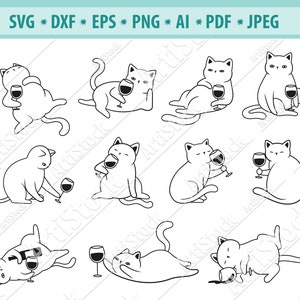 Bebendo gato SVG, taças de vinho svg, gato bebendo vinho Svg, SVG, gato engraçado SVG, arquivo de corte de gato, gato e vinho Svg, arquivo vetorial, Eps, Png, Dxf