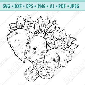 Może przedstawiać: Czarno-biały rysunek dwóch słoni z przeplecionymi trąbami. Słonie są otoczone kwiatami lotosu.