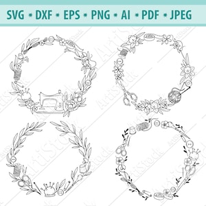 May include: Four black and white wreath designs featuring sewing and crafting supplies. Each wreath is circular and includes items like a sewing machine, scissors, thread, buttons, and needles.
