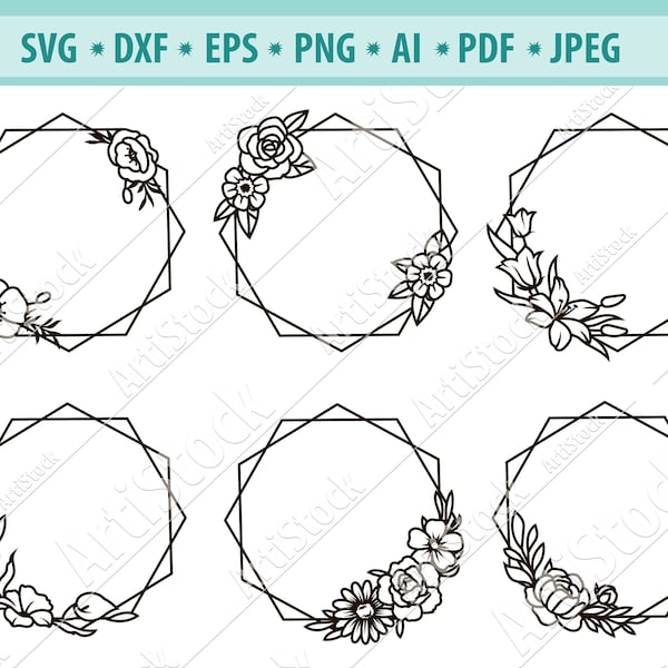 Flower Frame SVG, Hexagon Flower Frame SVG, Floral Frame cut File, Flower Monogram Frame, Floral Wedding Frame, Floral shape frame Svg, Png