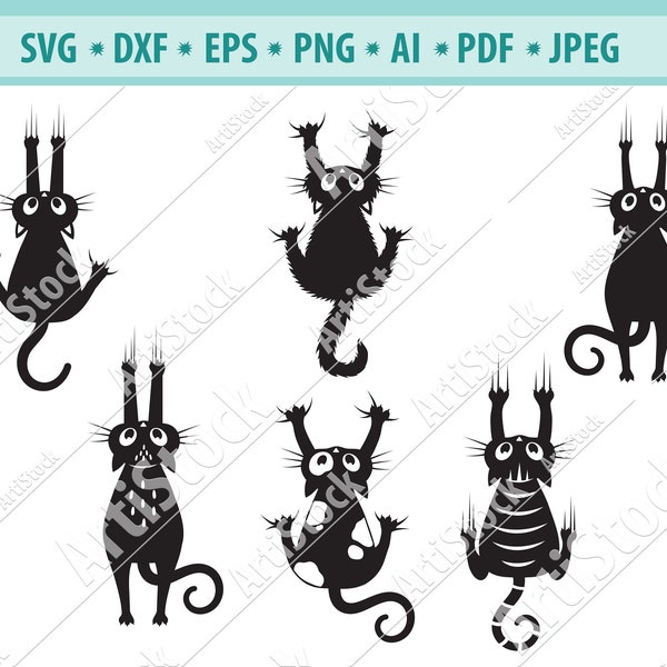 Funny cat Svg, Screeching cat Svg, Falling cat Svg, Black cat Svg, Kitten clipart, Cat silhouette, Decal cat sticker, Vector file, Eps, Dxf