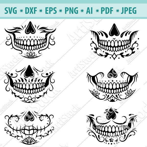 Skeleton mouth Svg, Sugar Skull Face Mask Svg, Los muertos Svg, Skeleton cut file, Skull mask Svg, Head skull skeleton SVG, Silhouette, Dxf