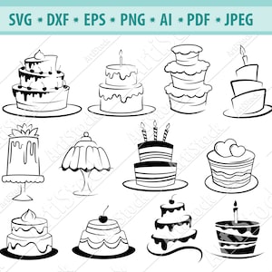 Gâteau d’anniversaire Svg Bundle, Gâteau à plusieurs niveaux Svg, Gâteau à la crème Svg, Fichiers Svg Cut, Birthday Cake Clipart, Files for Cricut, Silhouette, Png, Eps, Dxf