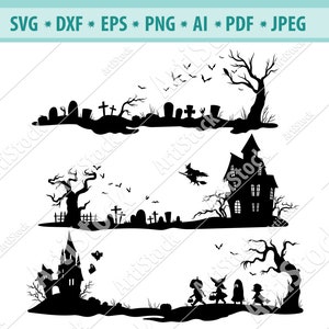 Eng kerkhof Svg, Halloween scène Svg, Spookhuis Svg, Halloween kostuum partij SVG, Pompoen silhouet, Halloween Decoratie Png, Dxf
