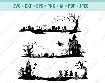 Scary graveyard Svg, Halloween scene Svg, Haunted house Svg, Halloween costume  party SVG, Pumpkin silhouette, Halloween Decoration Png, Dxf