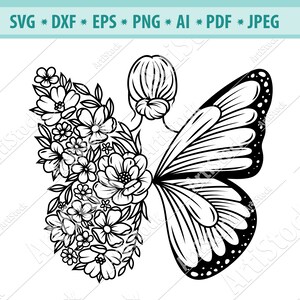 Florale Frau SVG, Mädchen Schmetterling Feen svg, Schmetterling Blume Svg, Blumen Schmetterling Svg, Frau Blume Schmetterling Flügel Svg, Cricut, Eps, Dxf