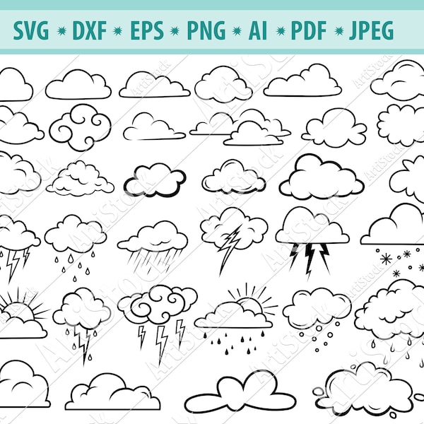 Cloud Svg Bundle, Weather cloud svg, Thunderclouds svg, Weather SVG, Rain Cloud Svg, Clouds clipart, Svg Cut File, Lightning Svg, Dxf, Png