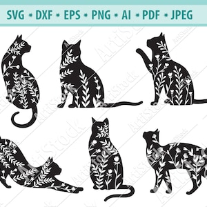 Floral Cats Svg, Flower sitting cat Svg, Wildflower Cat Svg, Kitten SVG, Flower animals Svg, Black Cats clipart, Cat Silhouette, Dxf, Eps