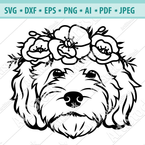 Dog SVG, Dog with Flower Crown SVG, Dog cut file, Goldendoodle svg, Frenchie svg, Animal Floral Crown, Dog with Flowers on Head Svg, Vector