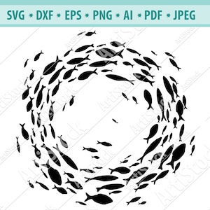 Escuela de pescado SVG, Grupo de peces. Logotipo de peces vectoriales. Silueta negra. Bandada redonda de peces. Gráfico. Archivo Cricut. Digital. Svg. Eps. Impresión