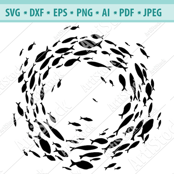 School of fish SVG, Group of fishes. Vector fish logo. Black silhouette. Round flock of fish. Clipart. Cricut file. Digital. SVG. EPS. Print