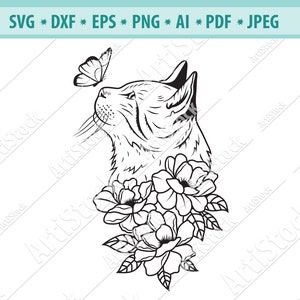 Gato floral Svg, Cabeça de gato com borboleta Svg, Gato floral fofo Svg, Retrato de gatinho Svg, Clipart de gato floral, arquivo de corte Svg, Eps, Dxf, Cricut