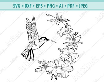 Hummingbird SVG file, Hummingbird Wreath svg file, Hummingbird Silhouette cut file, Hummingbird clip art, Flower Wreath vector, commercial