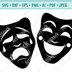 Commedia tragedia svg, Commedia svg, silhouette tragedia, maschera teatrale cricut file, Clipart maschera, download digitale, disegni, vettore, svg