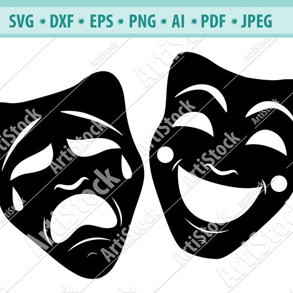 Comedy Tragedy svg, Comedy svg, Tragedy silhouette, Theatrical mask cricut cut files, Mask clipart, Digital download, designs, vector, svg