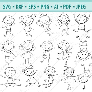 Stick Kinder Svg Bundle, Stick Kinder schneiden Dateien, Stick Kinder Clipart, schneiden Dateien für Cricut Silhouette, Png, Dxf, Eps, lachende Kinder Figuren Svg
