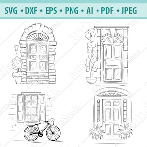 Deur SVG Bundel, Vintage Deur SVG, Glazen raam Svg, Deur Clipart, Houten deuren Svg, Deur gesneden Bestanden, Open Deur Svg, Fiets Png, Eps, Dxf