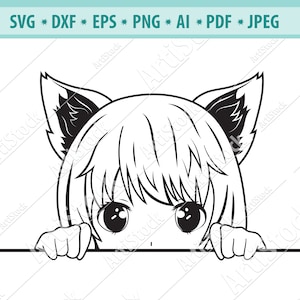 Anime Svg, Anime meisje met oren Svg, Beeldverhaal meisje Svg, Leuk glurend meisje Svg, Silhouet, Dossier voor cricut, Emotie Svg, Het Dossier van de Knip, Eps, Dxf