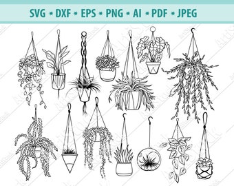 植物 SVG、鉢植え植物 SVG、観葉植物 SVG、植木鉢のクリップアート、ガーデニング SVG、鉢植えの吊り下げ植物、クリカット用ファイル、シルエット カメオ