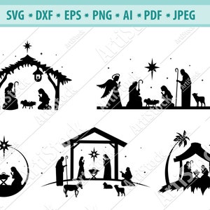Narodzenia SVG, Scena Narodzenia SVG, Boże Narodzenie SVG, Naklejka Dekoracji Świątecznej, Jezus Dzieciątko SVG, Narodzenia Cricut, Pliki Sylwetki SVG Dxf png jpg