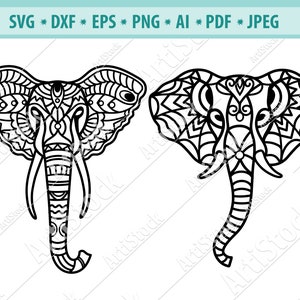 May include: Two black and white line art illustrations of elephant heads with intricate mandala designs. The elephants are facing forward with their trunks down.