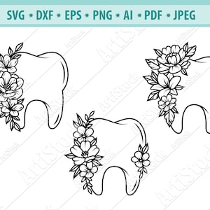 Bloementand Svg, Tand svg, Bloem Svg, Tandarts SVG, Bloementandarts SVG, Tand met bloem Svg, Tandheelkunde Svg, Png, Eps, Dxf, Cricut Bestand