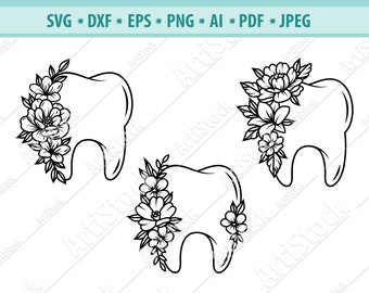 Floral tooth Svg, Tooth svg, Flower Svg, Dentist SVG, Floral Dentist SVG, Tooth with flower Svg, Dentistry Svg, Png, Eps, Dxf, Cricut File