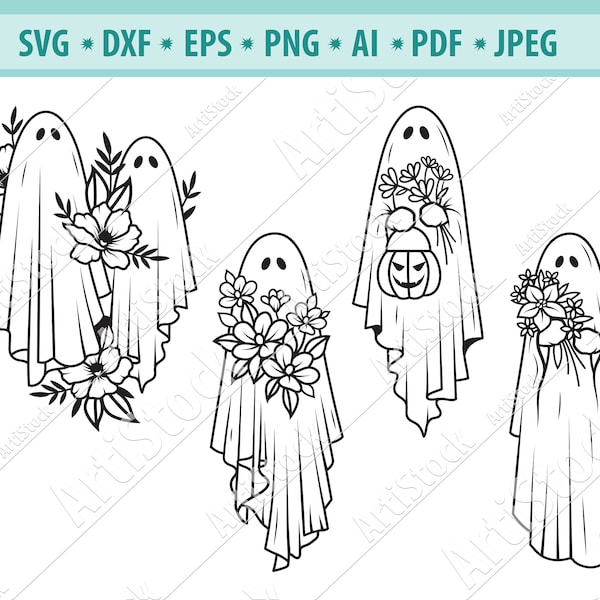 Ghost SVG, Floral Ghost svg, Ghost clip art, Cute Ghost svg, Ghost Silhouette, Halloween Svg, Flower Svg File, Ghost with Flowers Eps, Dxf